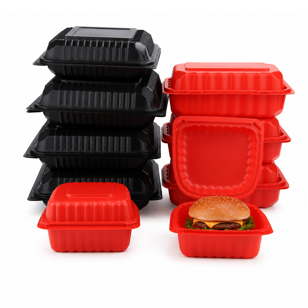 Recyclable PP material red clam shell hamburger box takeout packaging container