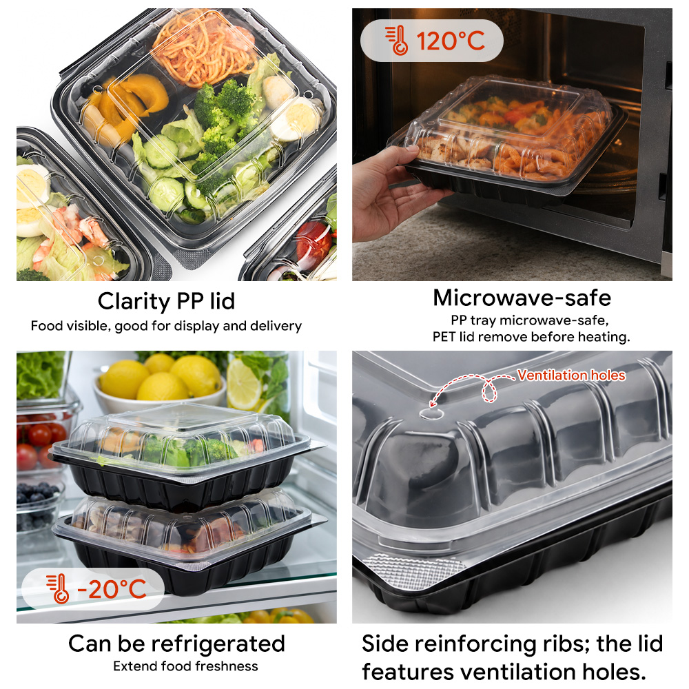 9x9 Inch PP Clamshell Lunch Box 3 Compartment Meal Prep Container Microwaveable BPA Free Disposable Food Container with Lid