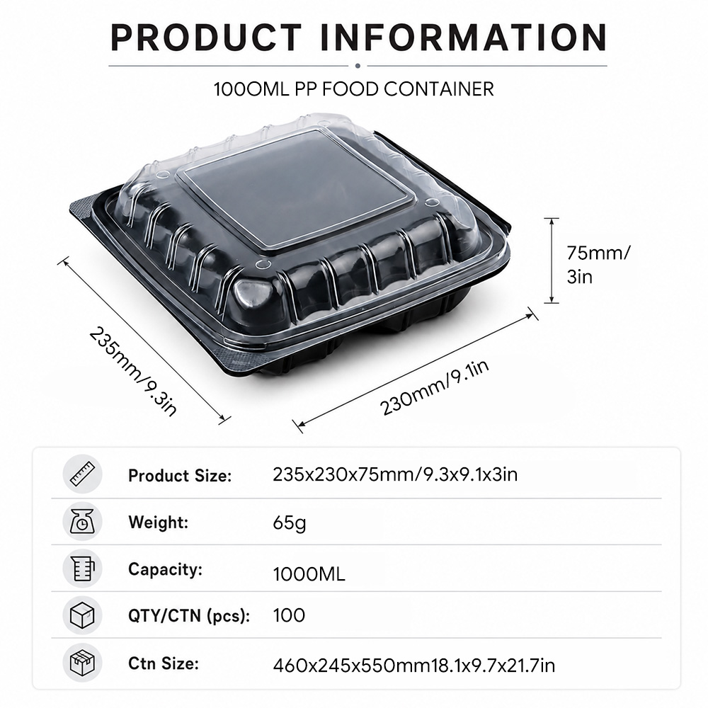 9x9 Inch PP Clamshell Lunch Box 3 Compartment Meal Prep Container Microwaveable BPA Free Disposable Food Container with Lid