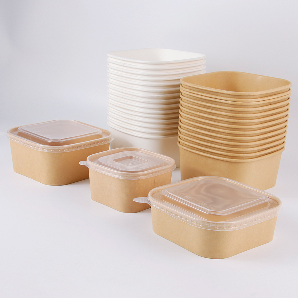 Square kraft paper salad bowl with PP PET lid, takeaway container