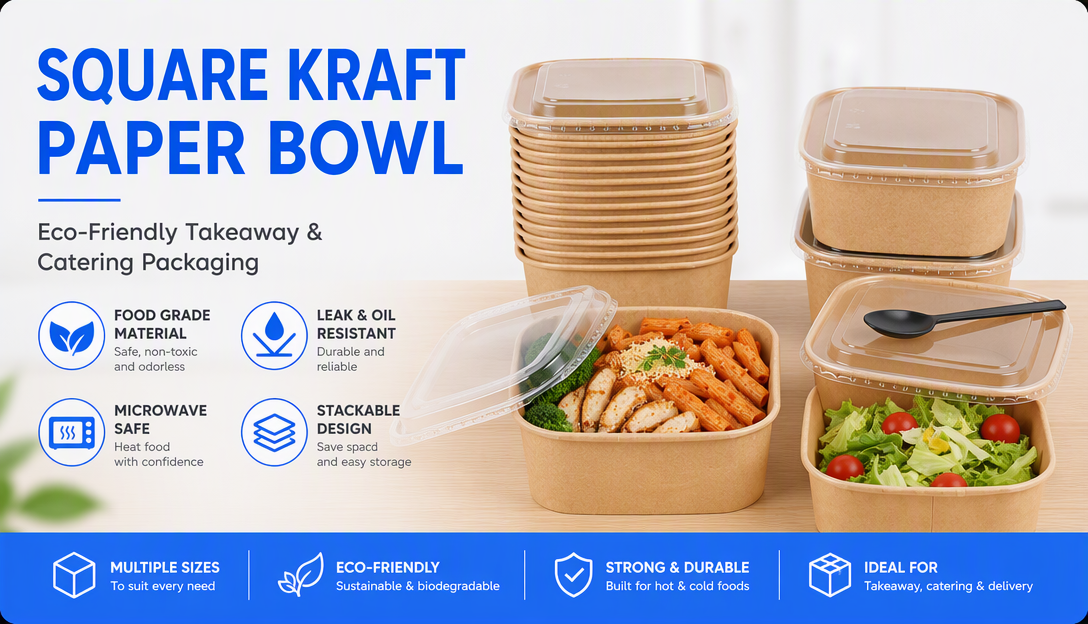 Custom 1200ml Square Kraft Paper Salad Bowl Leakproof Disposable Food Container With Lid For Takeout Meal Wholesale