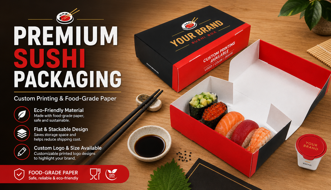 Custom Printed Disposable Paper Sushi Box Food Grade Greaseproof Hinged Clamshell Takeout Food Packaging Wholesale