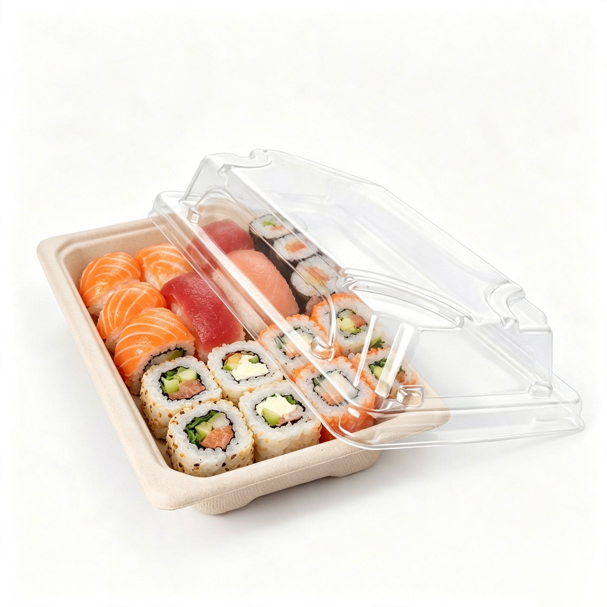Custom 7.3 Inch Sugarcane Bagasse Sushi Tray with Clear PET Lid Disposable Biodegradable Food Container for Supermarket
