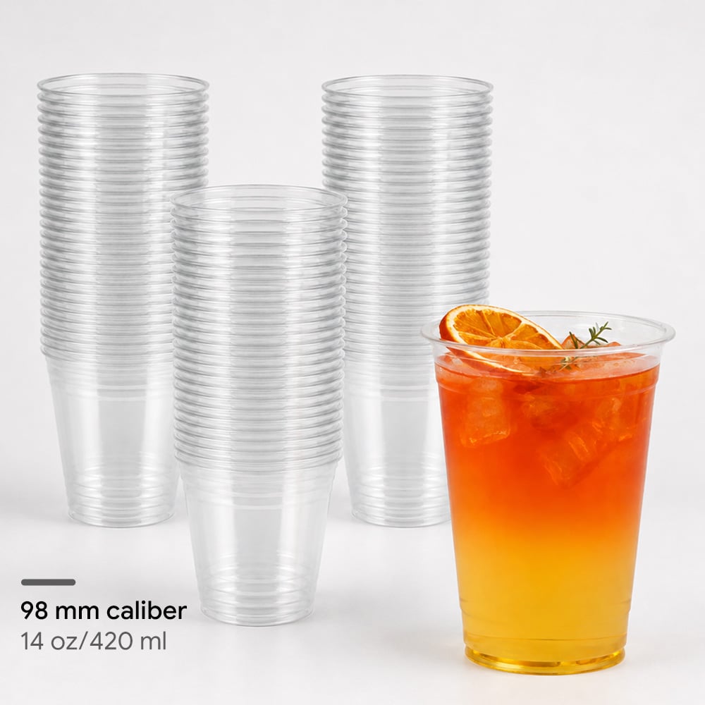 Wholesale Custom Logo BPA Free 98mm 14oz 420ml Crystal Clear Disposable Food Grade Cold PET Plastic Cups
