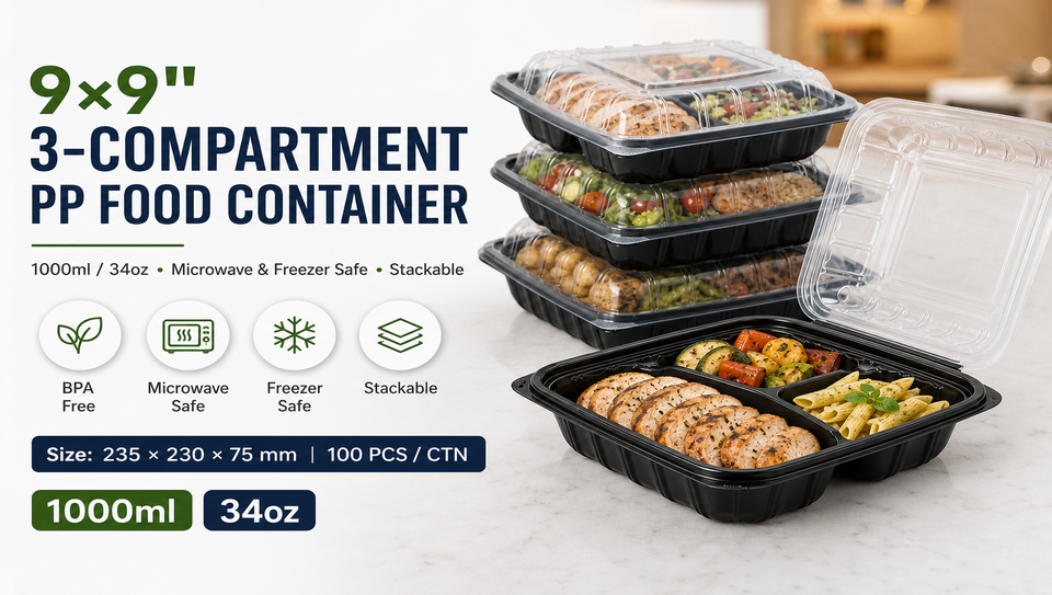 9x9 Inch PP Clamshell Lunch Box 3 Compartment Meal Prep Container Microwaveable BPA Free Disposable Food Container with Lid