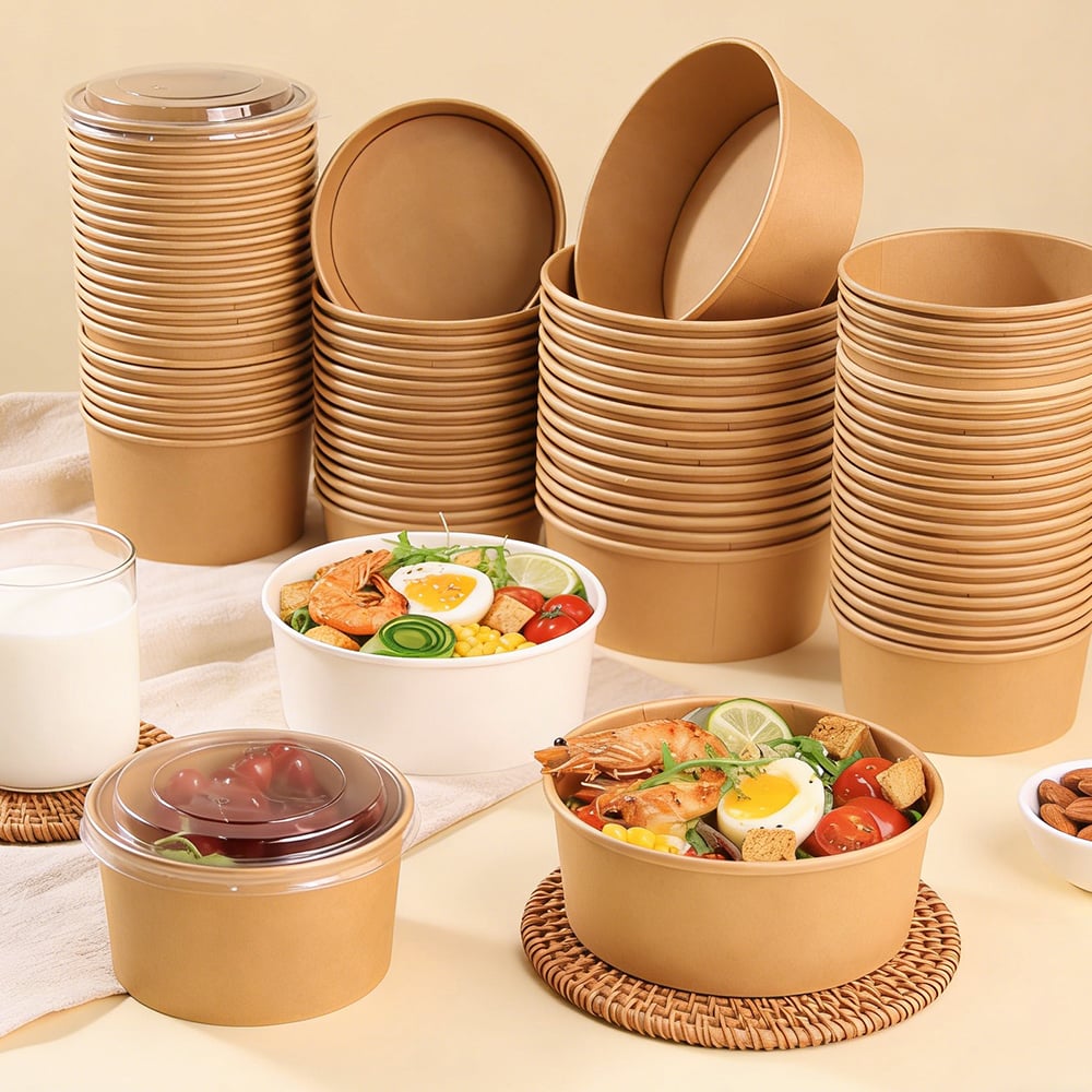 Biodegradable kraft paper bowls with lids for takeaway food containers