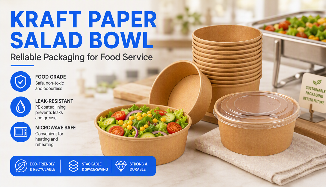 Custom 1000ml Round Kraft Paper Salad Bowl Disposable Food Grade Leakproof Takeaway Food Packaging With Lid Wholesale