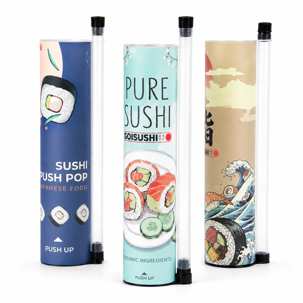 Custom push-type sushi packaging tube, food paper tube sushi container