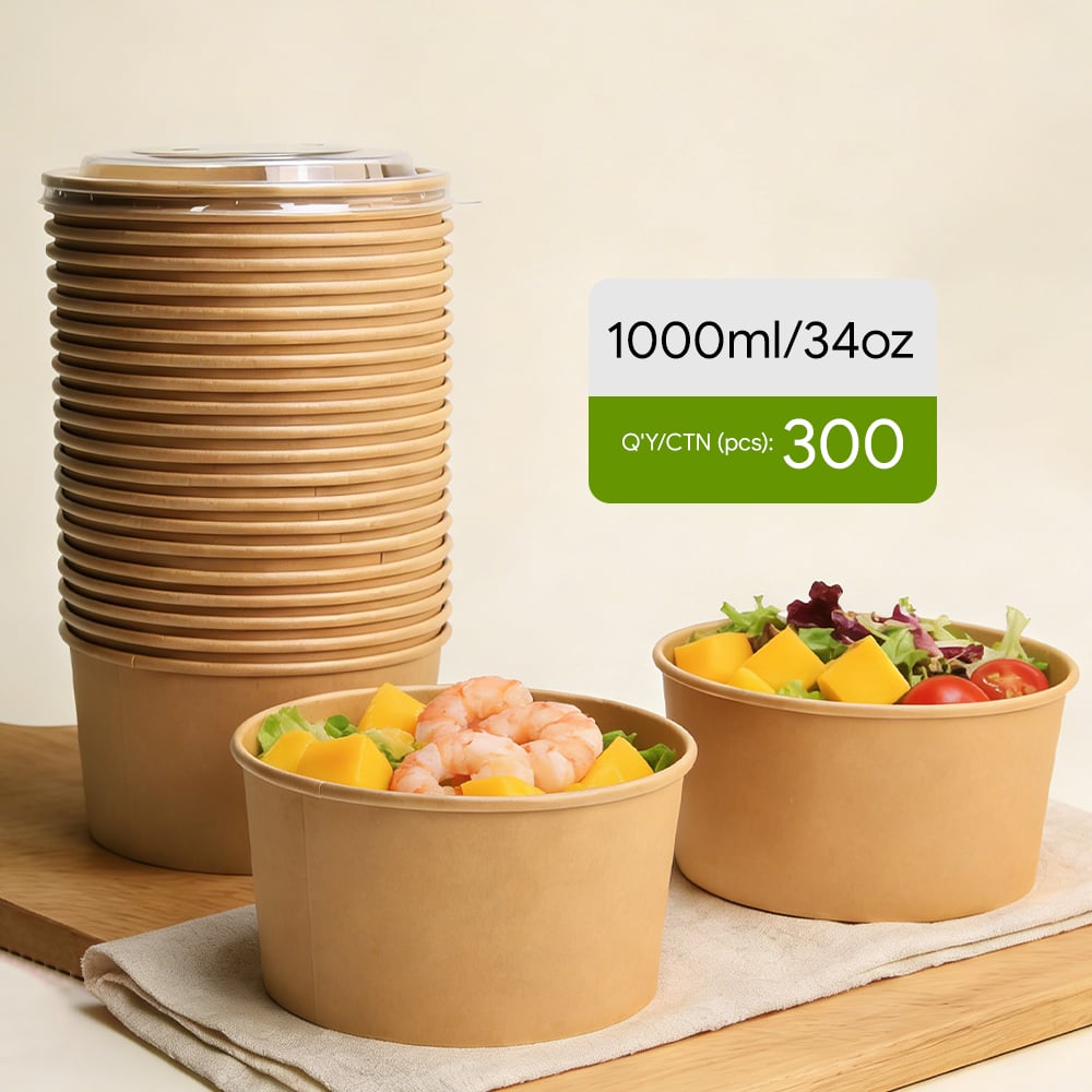 Custom 1000ml Round Kraft Paper Salad Bowl Disposable Food Grade Leakproof Takeaway Food Packaging With Lid Wholesale