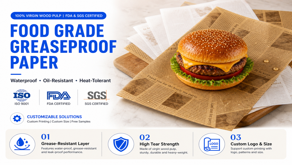 Custom Printed Food Grade Greaseproof Paper Virgin Wood Pulp Deli Wrap Sheets for Burger Sandwich Bakery Tray Liner