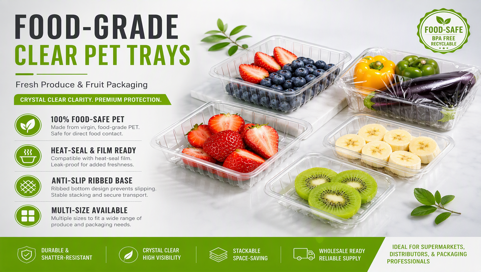 9.3 Inch Clear PET Fruit Tray High Transparency Disposable Salad Container for Supermarket Produce Packaging Wholesale