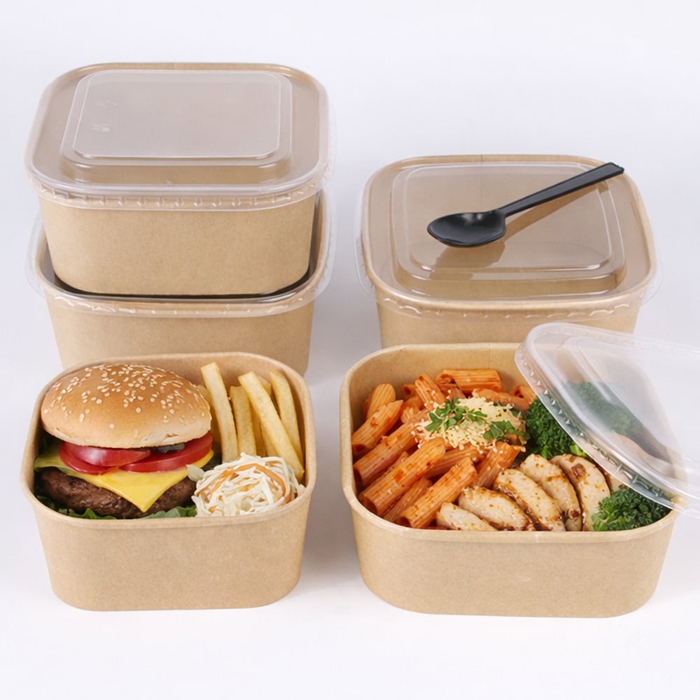 Custom 1200ml Square Kraft Paper Salad Bowl Leakproof Disposable Food Container With Lid For Takeout Meal Wholesale