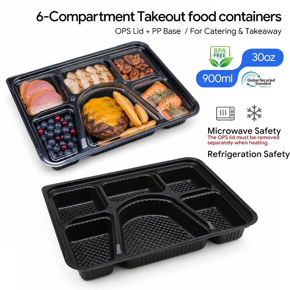 Disposable 6 Compartment Bento Box with Clear OPS Lid 900ml Microwave Safe PP Meal Prep Takeout Food Container