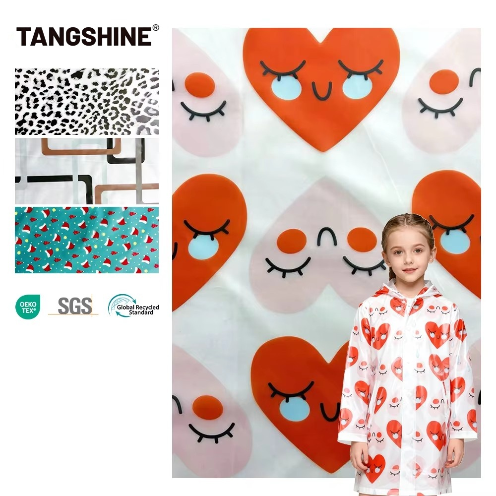 PFAS FREE Heart Transparent TPU Waterproof Faux Leather Custom Print Raincoat Fabric for Children Poncho Costumes Garment