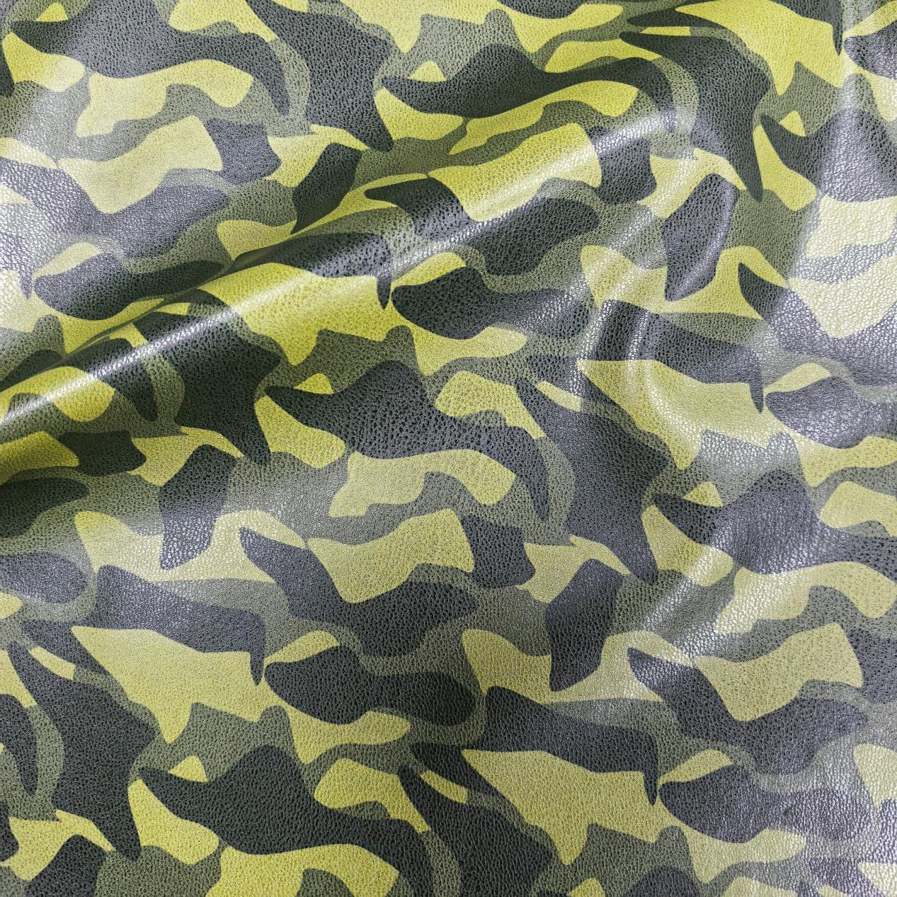Camo Design Custom Stretchy Leather Fabric Custom Print PU Leather Fabric Coated Knit Backing 0.5mm Wholesale PU Leather