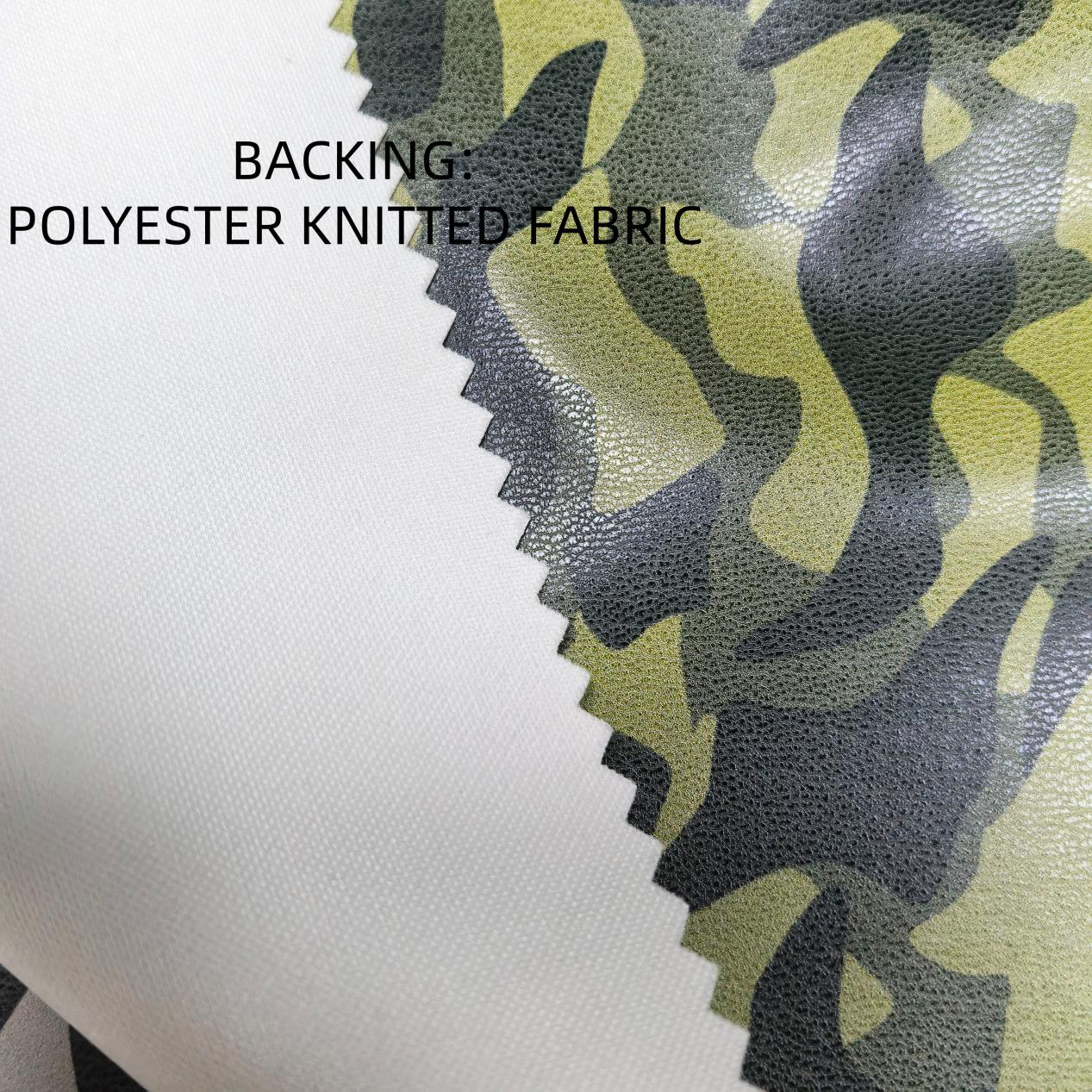 Camo Design Custom Stretchy Leather Fabric Custom Print PU Leather Fabric Coated Knit Backing 0.5mm Wholesale PU Leather