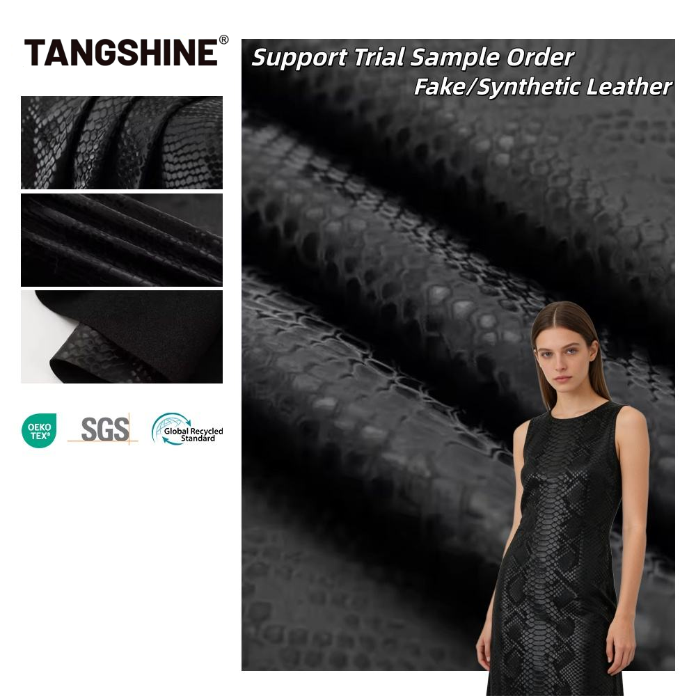Snake Print 4-Way Stretch PU Leather Fabric 230GSM Knitted Backing Elastic Synthetic Material for Leggings Activewear