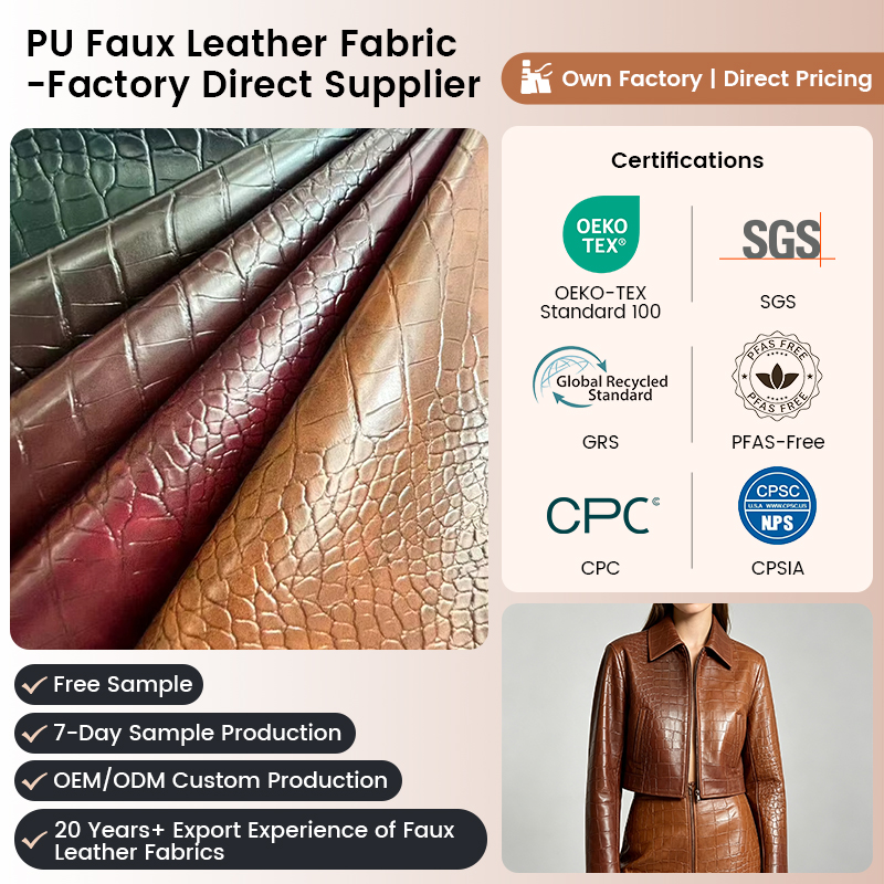 PFAS FREE Eco Friendly 0.65MM Soft Crocodile PU Synthetic Leather Fabric Sample Available Faux Leather for Jackets Garment