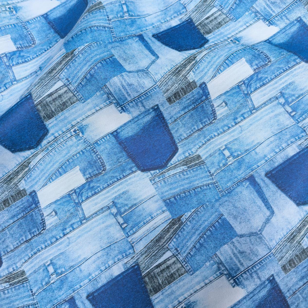 Custom Denim Look Print Stretchy Leather for Pants Fabric Soft Touch Elastic PU Leather Custom Pattern Synthetic Leather