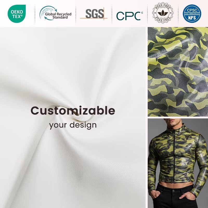 Camo Design Custom Stretchy Leather Fabric Custom Print PU Leather Fabric Coated Knit Backing 0.5mm Wholesale PU Leather