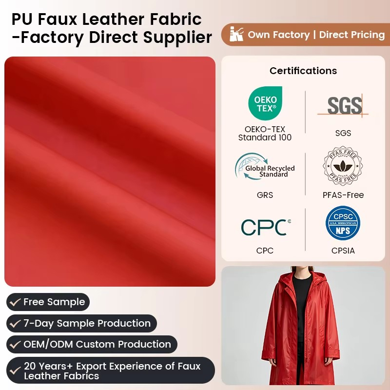 PFAS FREE High Quality PU Synthetic Leather China  for Customized Waterproof Raincoats Garments KnittedBacking Technics Finished