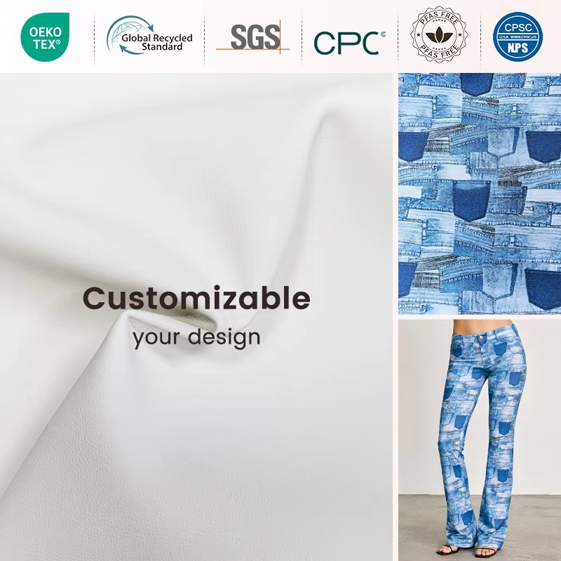 Custom Denim Look Print Stretchy Leather for Pants Fabric Soft Touch Elastic PU Leather Custom Pattern Synthetic Leather