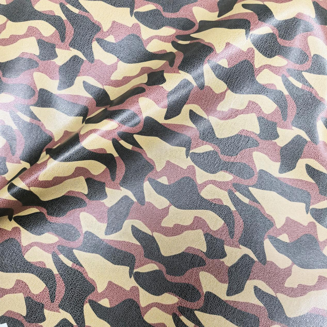 Camo Design Custom Stretchy Leather Fabric Custom Print PU Leather Fabric Coated Knit Backing 0.5mm Wholesale PU Leather