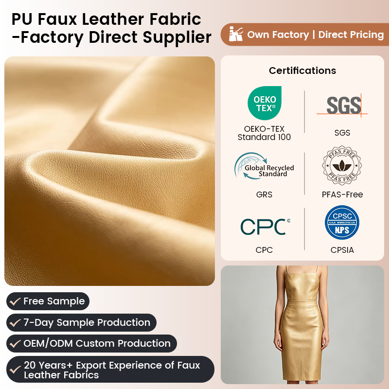 PFAS FREE Designer Fashion Golden Metallic TC Pu Leather Fabric Knitted Backing Finished Pattern Soft Comfortable Garment 
