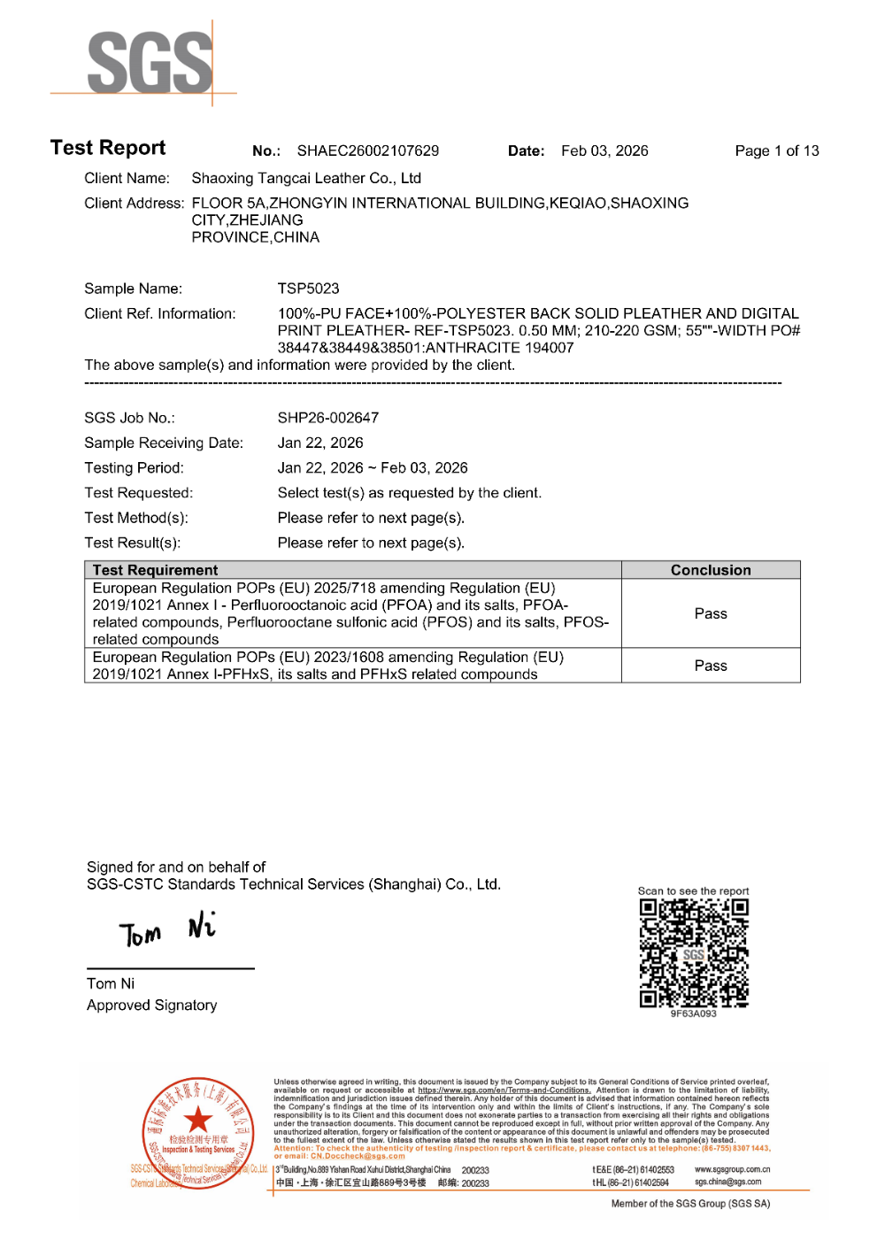 SGS testovací certifikát