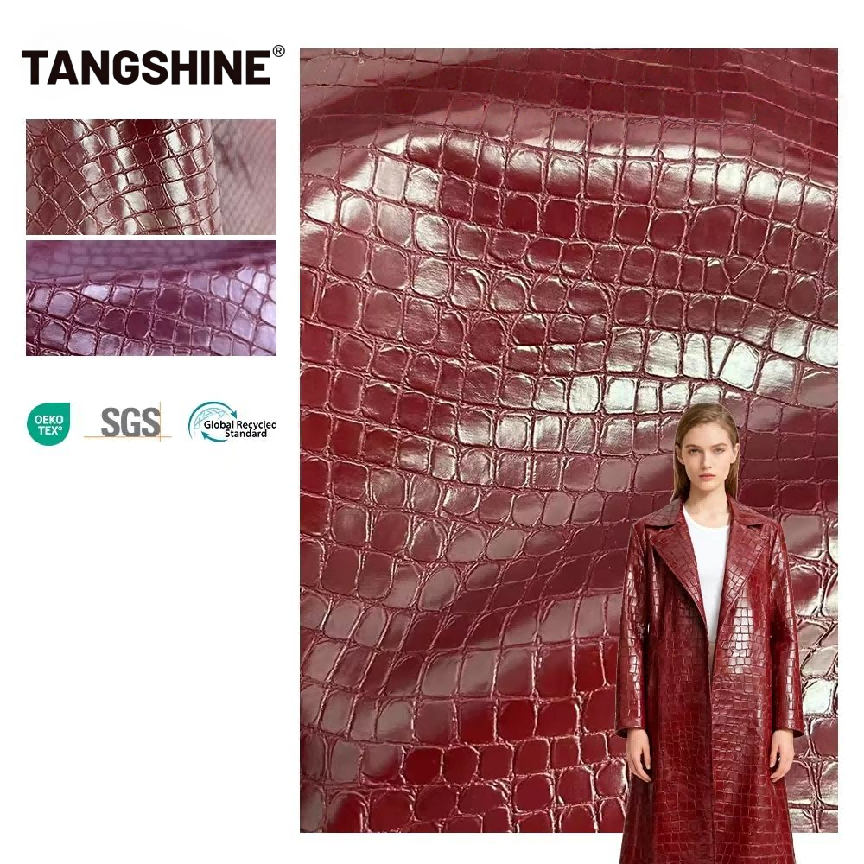 PFAS-FREI: Maßgeschneidertes Kunstledergewebe mit neuem Design – Stein-Krokodil-Muster und Rayon-Rückseite für Jackenstoffe, PU-Synthetikmaterial