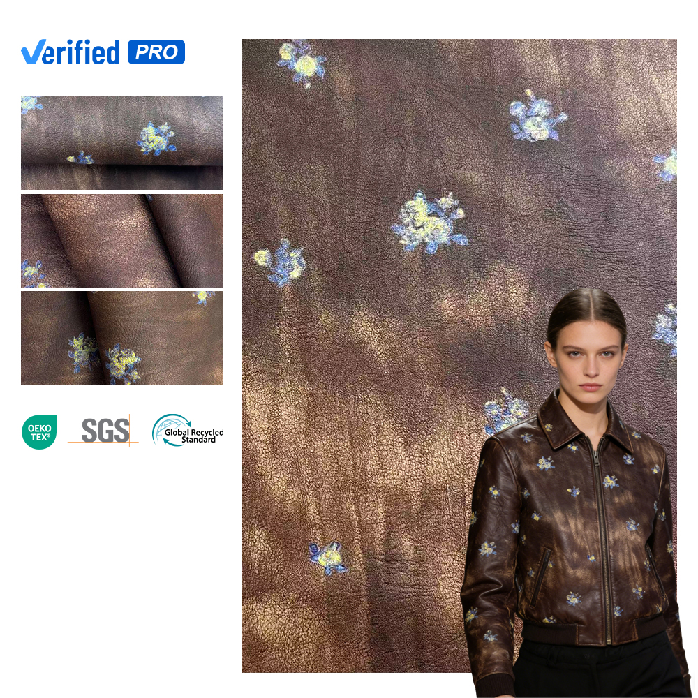 PFAS FREE Elegant Floral PU Leather Soft Waterproof Synthetic Leather 85% Synthetic Silk 15% Polyester Backing Fabric PU Leather
