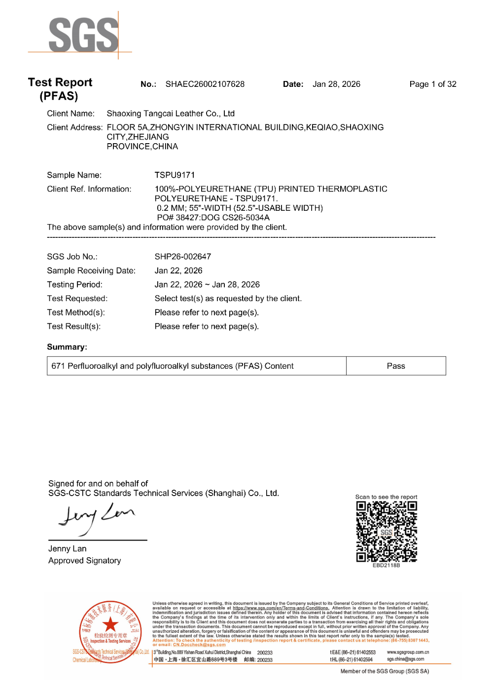 SGS testovací certifikát