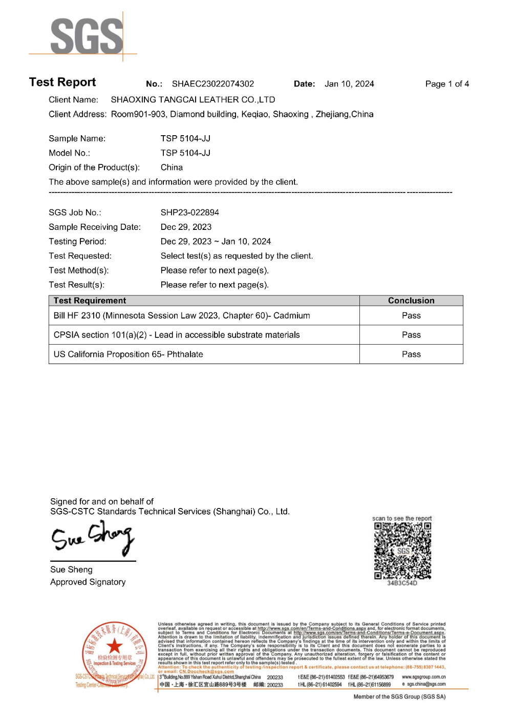 SGS testovací certifikát