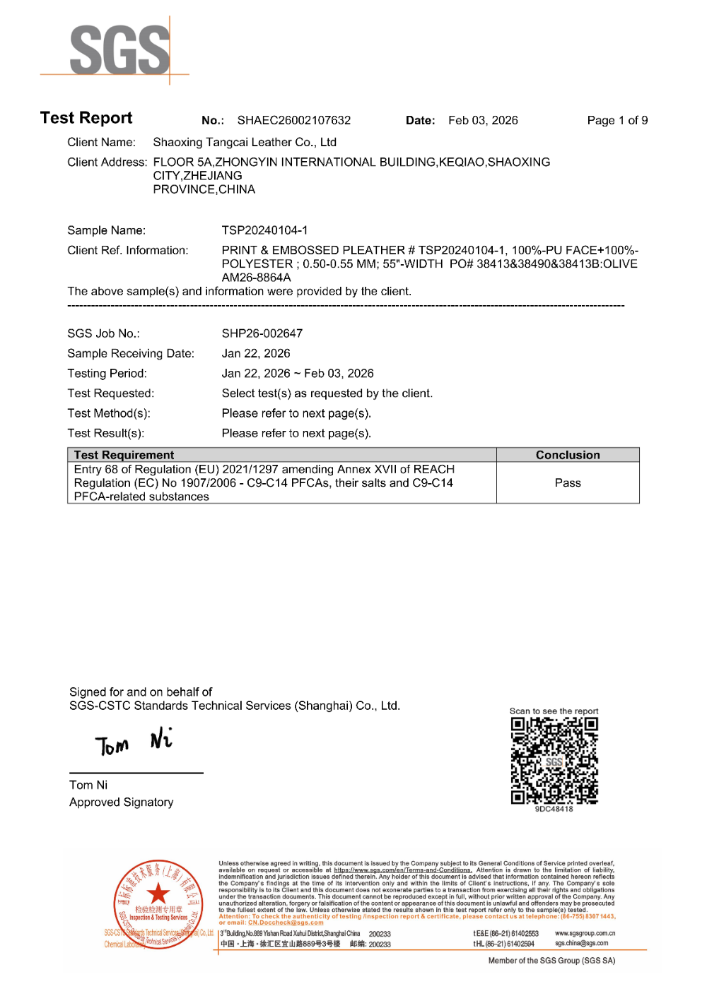 SGS testovací certifikát