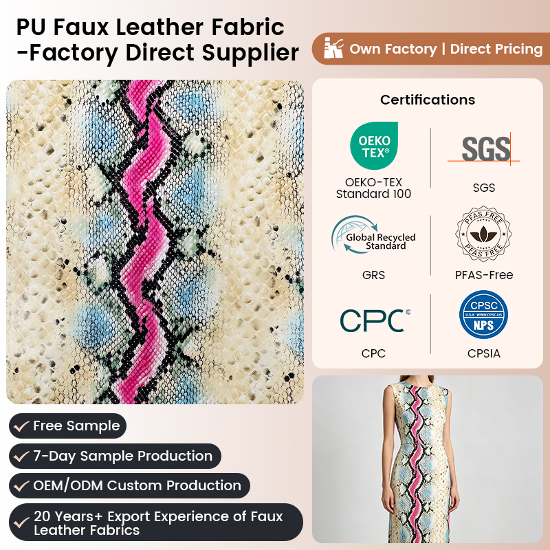 The Most Popular Snake Printed Pu Synthetic Leather Digital Printed Faux Garment Leather Designer Fabric for Skirts