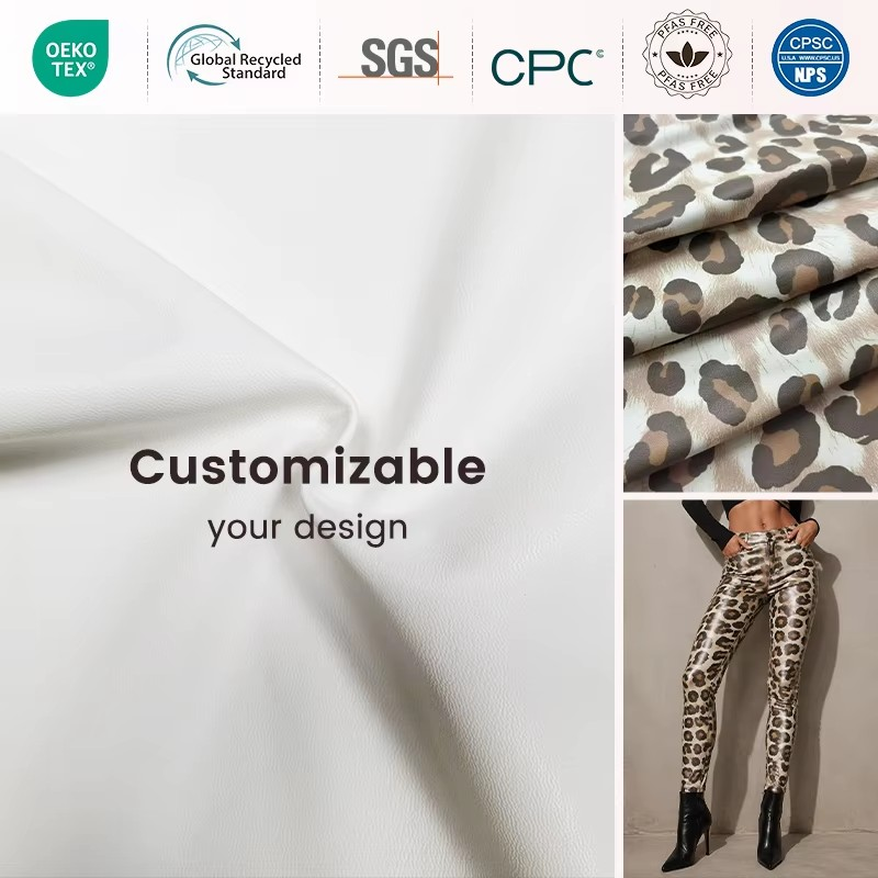 Leopard Pattern 4 Way Stretchy Leather Fabric for Pants Dress PU Leather Custom Any  Print 240gsm PU Leather Fabric