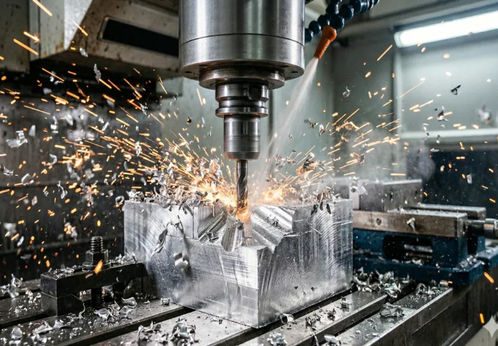 cnc milling machine shaping a metal workpiece in an enclosed industrial setup