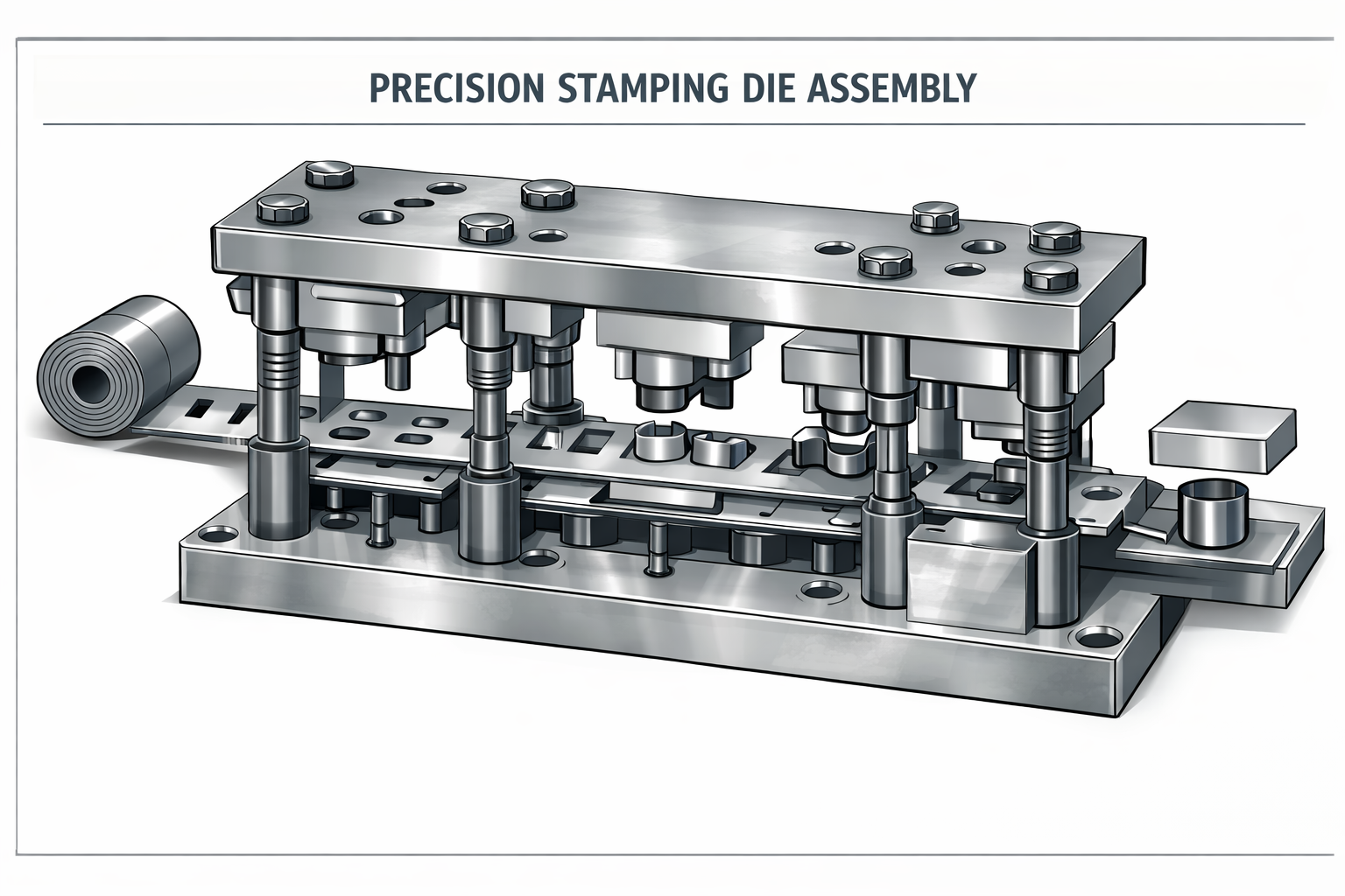 precision stamping die assembly showing integrated structural and cutting components