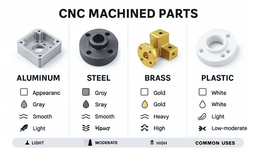 common cnc materials including aluminum stainless steel brass and engineering plastics