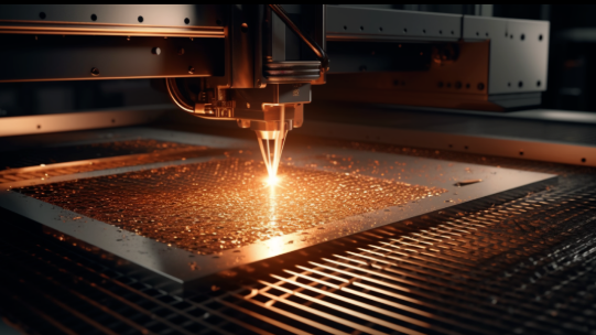 precision fiber laser cutting steel sheet with brilliant sparks in modern manufacturing facility