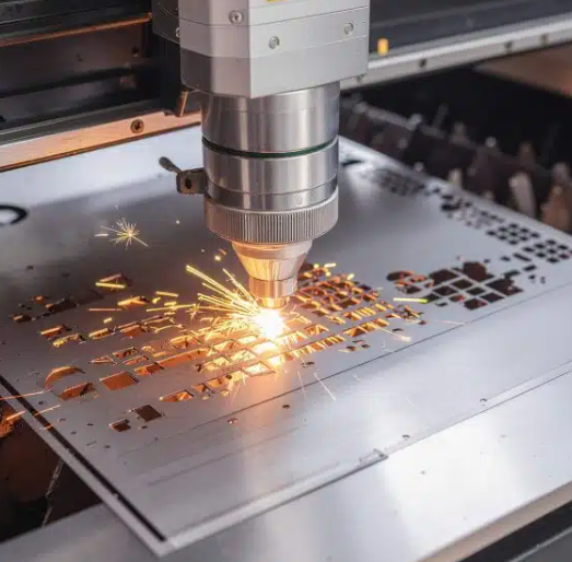precision fiber laser cutting aluminum sheet in a modern fabrication facility