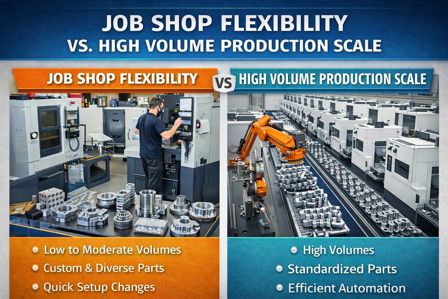 comparison of job shop flexibility versus high volume production scale