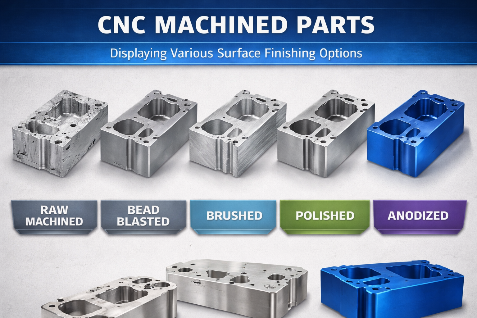 cnc machined parts displaying various surface finishing options from raw to anodized