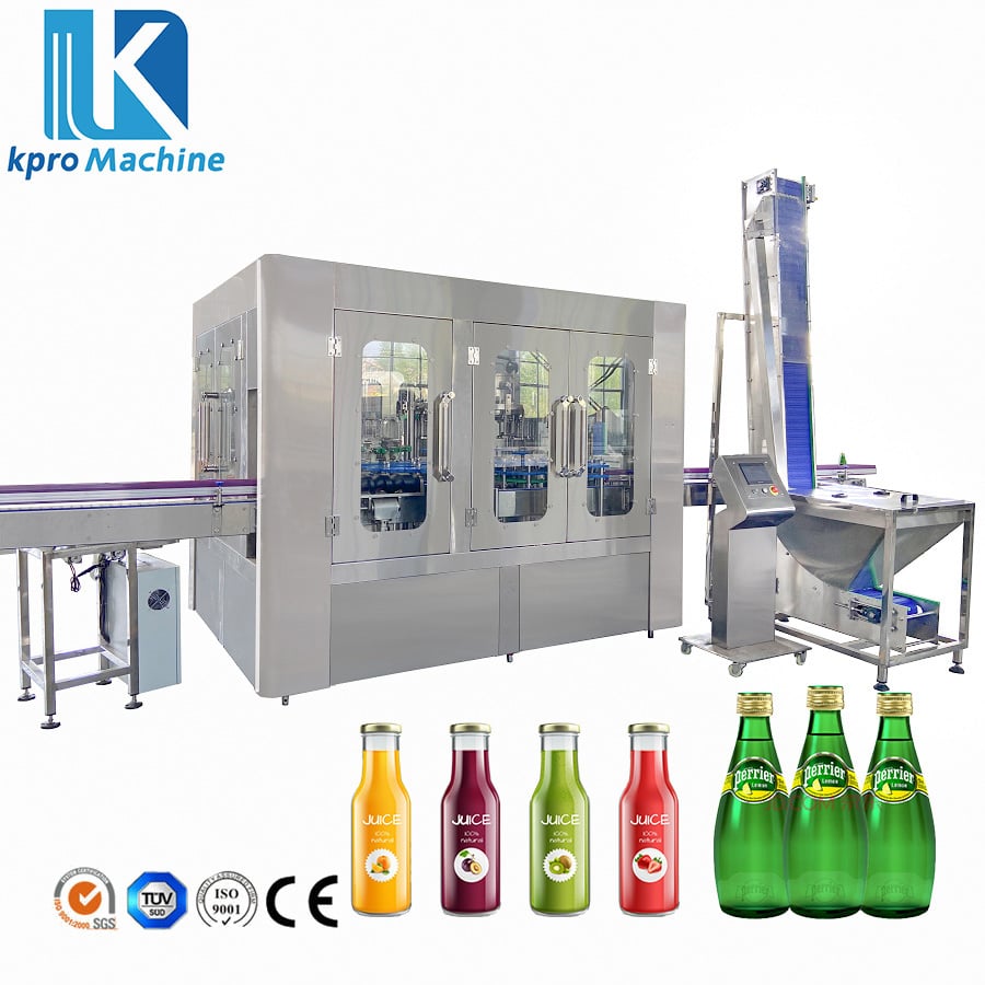 2000–3000 Flaschen/Stunde automatische 3-in-1-Glasflaschen-Abfüllmaschine für Saft und Wasser mit Aluminiumverschluss-Schraubautomatik
