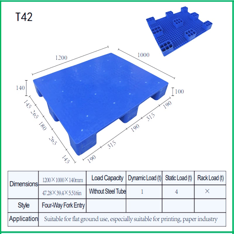  HDPE European Tray |Heavy Duty Industrial Nine Legs Solid Flat Plastic Euro Pallet 1200*1000*140MM Single Faced 4-Way Entry T42