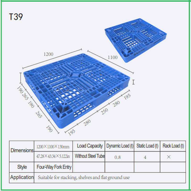 PE Industrial Heavy Duty 4-Way Reusable 1200*1100*130mm Automated Storage and Retrieval Systems Plastic Pallet T39