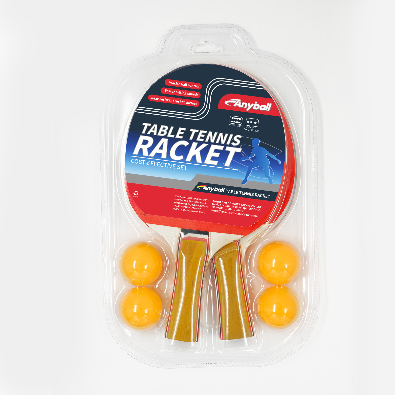 Raqueta de Pingpong Anyball al Por Mayor, Raqueta Popular Común de Madera para Tenis de Mesa, Juego de Dos Raquetas con Cuatro Pelotas
