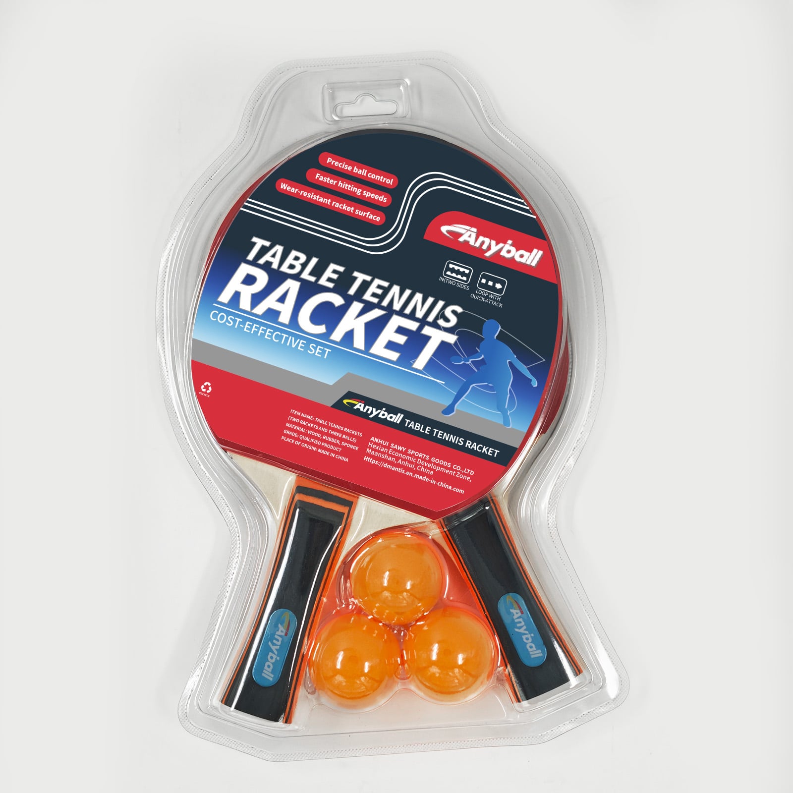 Benta nang Bulto, Tatak Anyball na Pingpong Racket, 7 na Layer na 7mm Puting Poplar na Table Tennis Racket, Dalawang Raket na may Set ng Tatlong Bola