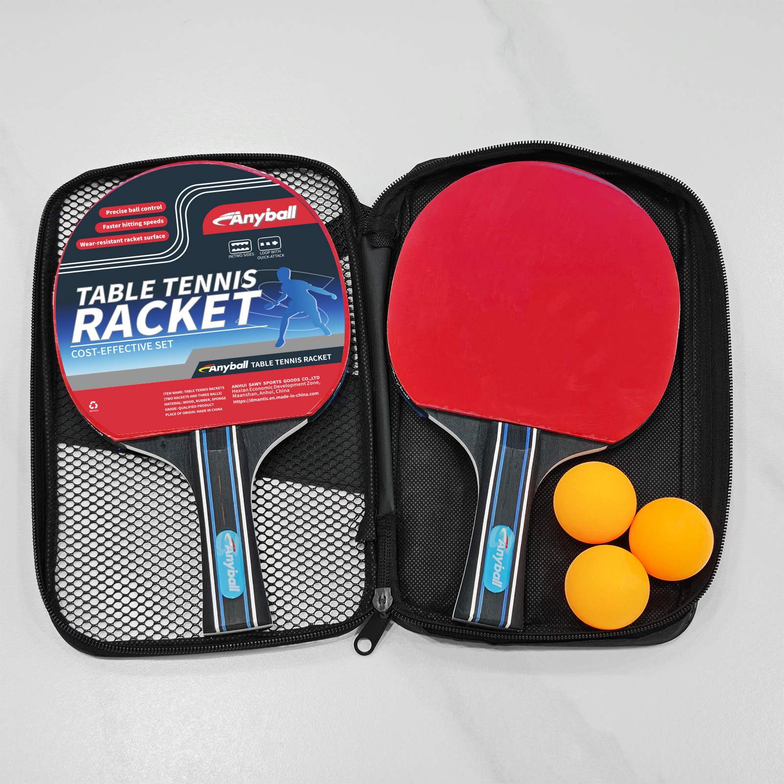 Produkto mula sa Pabrika, Matibay na Tatak Anyball na Pingpong Racket, Itim na Kahoy na Poplar na Table Tennis Racket, Dalawang Raket na may Set ng Tatlong Bola