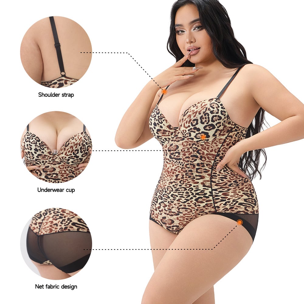 Leopard Print Tummy Control Bodysuit  Plus Size Seamless Shapewear for Women